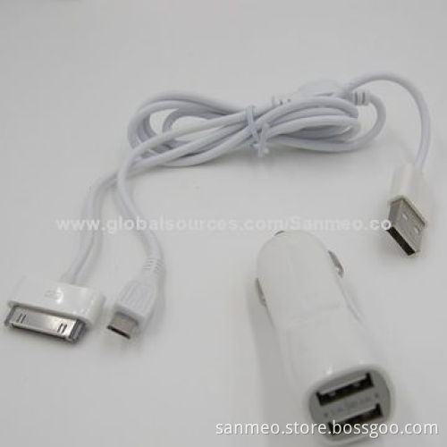 3-in-1 Dual USB Port Car Charger for iPhone/iPad/Micro USB, Simple Clean/Fashionable DesignNew